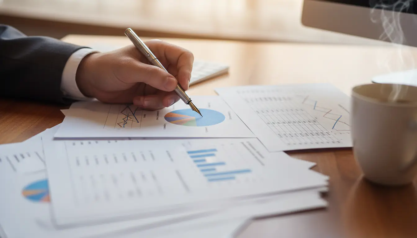 Main annotant un graphique en camembert imprimé et un tableau financier avec un stylo plume sur un bureau en bois
