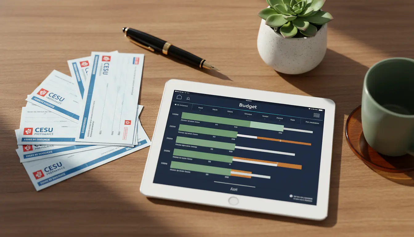 Chèques CESU préfinancés étalés sur un bureau avec tablette affichant un tableau de bord budgétaire