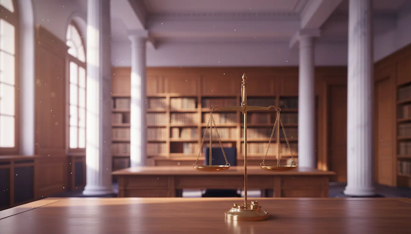 Intérieur de palais de justice français avec colonne en marbre et statuette balance de la justice en bronze