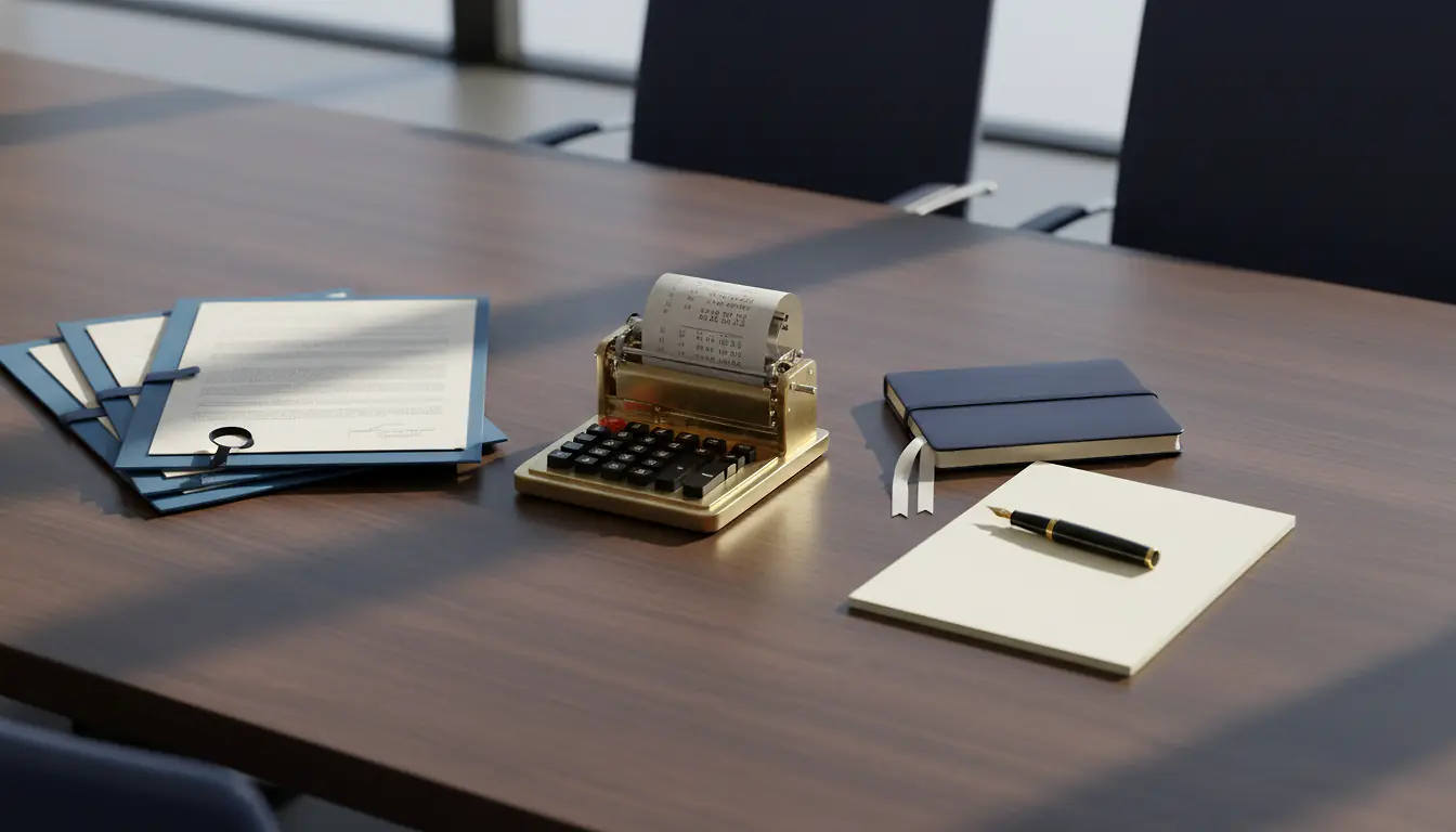 Documents légaux empilés sur un bureau de salle de réunion d'entreprise française avec calculatrice et stylo