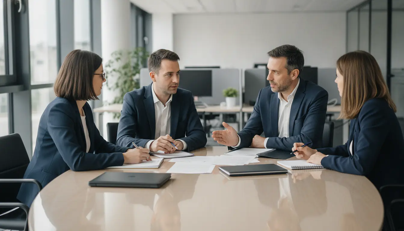 Élus du CSE réunis en commission égalité professionnelle autour d'une table de réunion