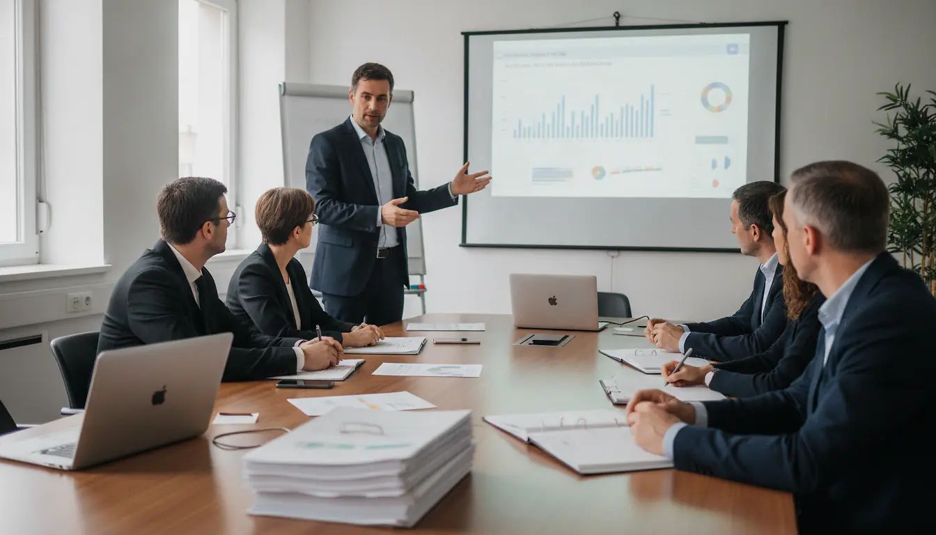Expert-comptable présentant les comptes annuels du CSE à des élus autour d'une table de réunion professionnelle