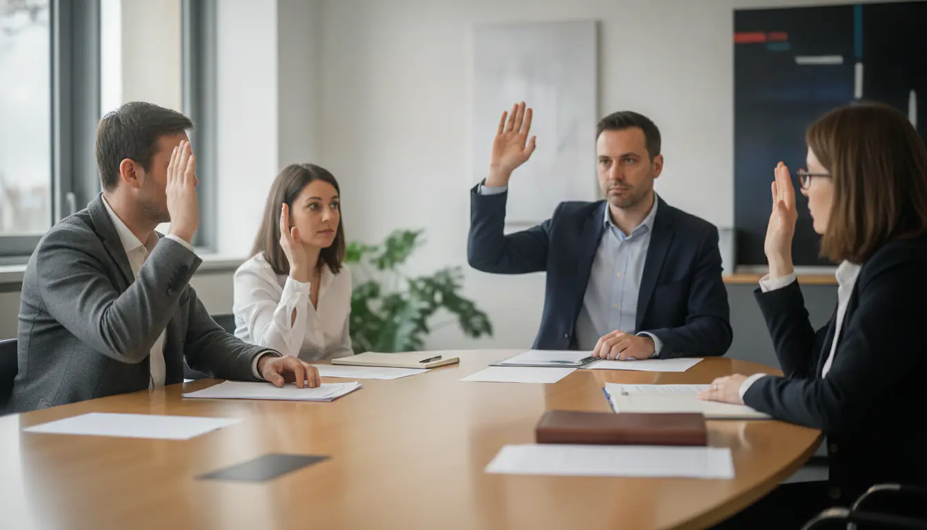 Élus du CSE votant à main levée autour d'une table de réunion en entreprise