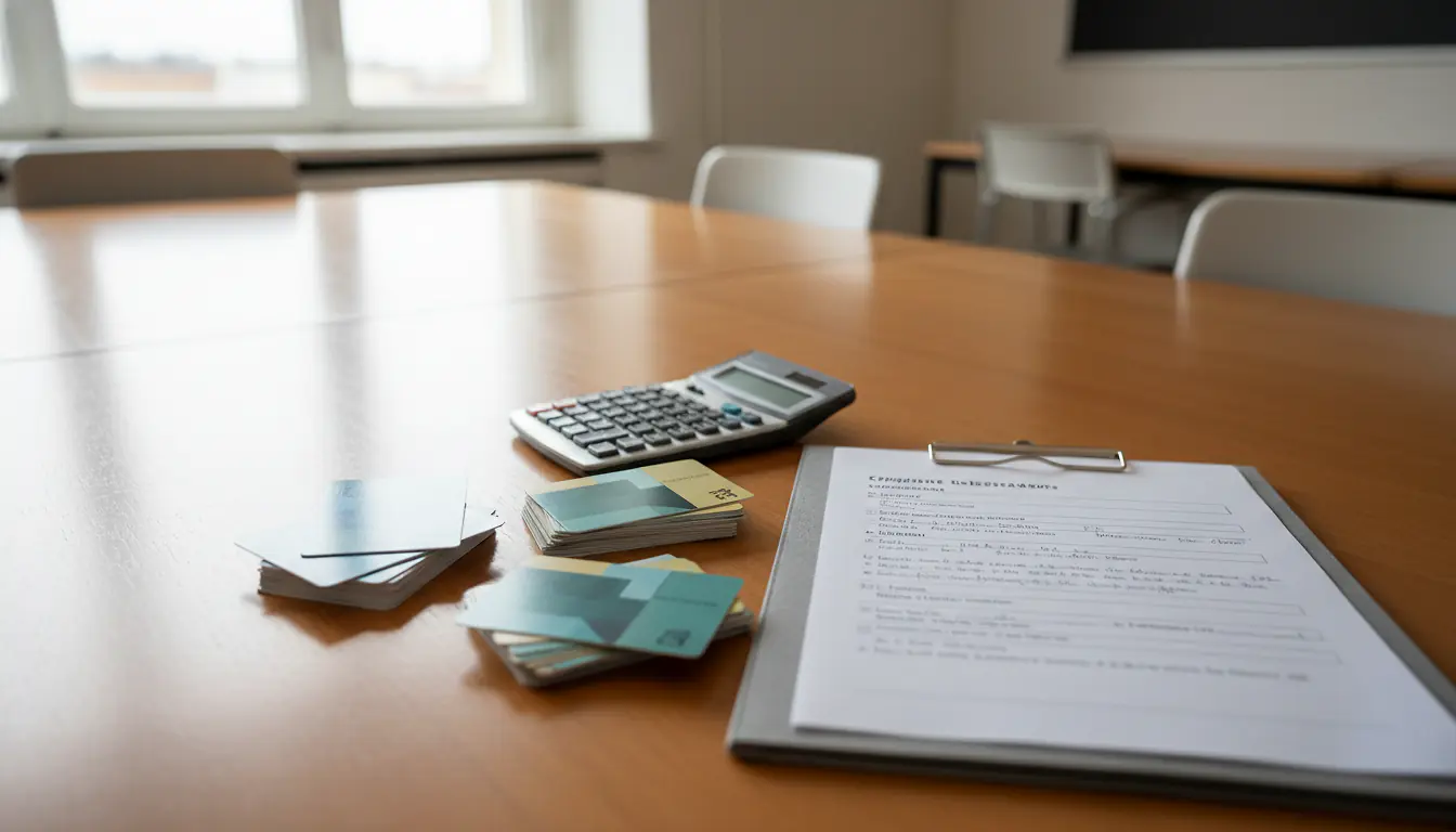 Cartes cadeaux et calculatrice posées sur un bureau de réunion CSE avec un procès-verbal de délibération