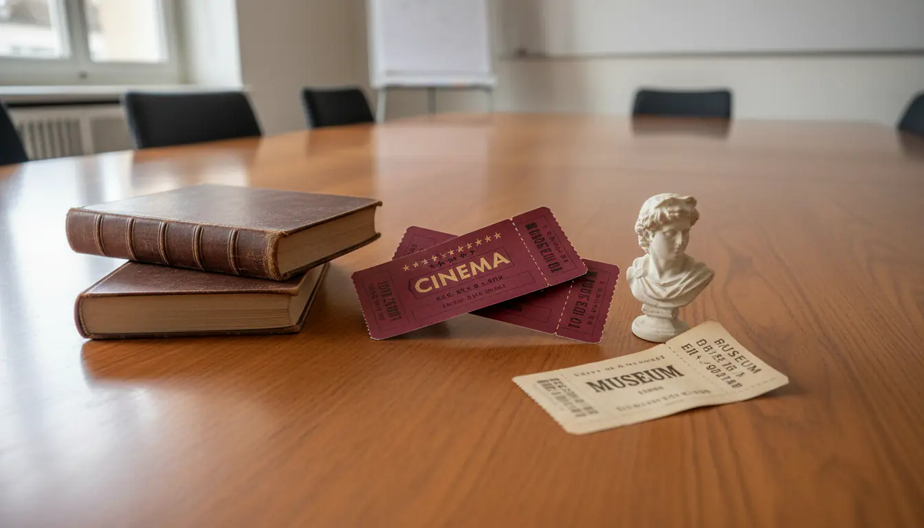Livres, place de cinéma et ticket de musée posés sur un bureau de réunion CSE à côté d'un procès-verbal de délibération