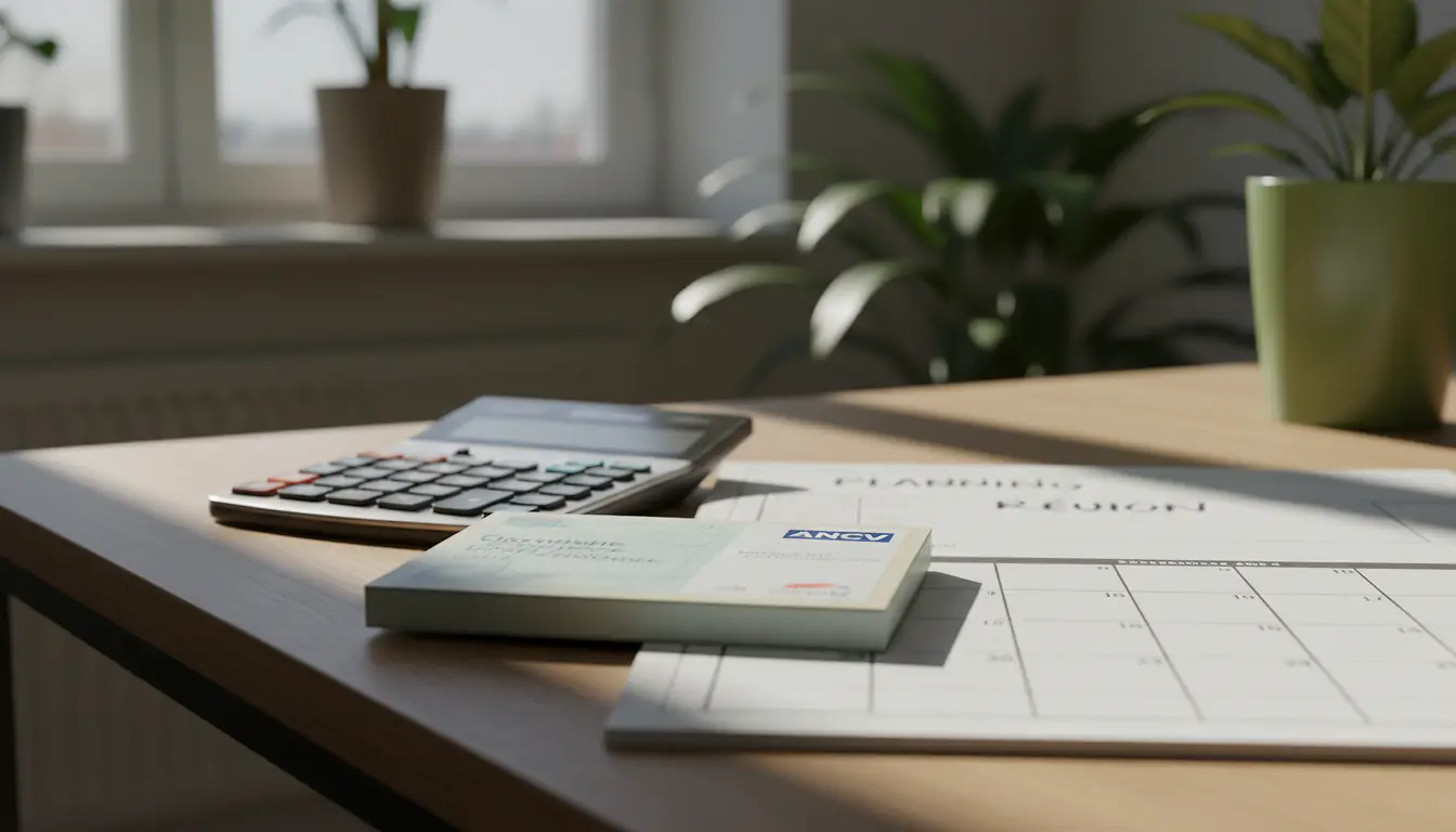 Carnet de chèques vacances ANCV posé sur un bureau de CSE avec calculatrice et planning de réunion