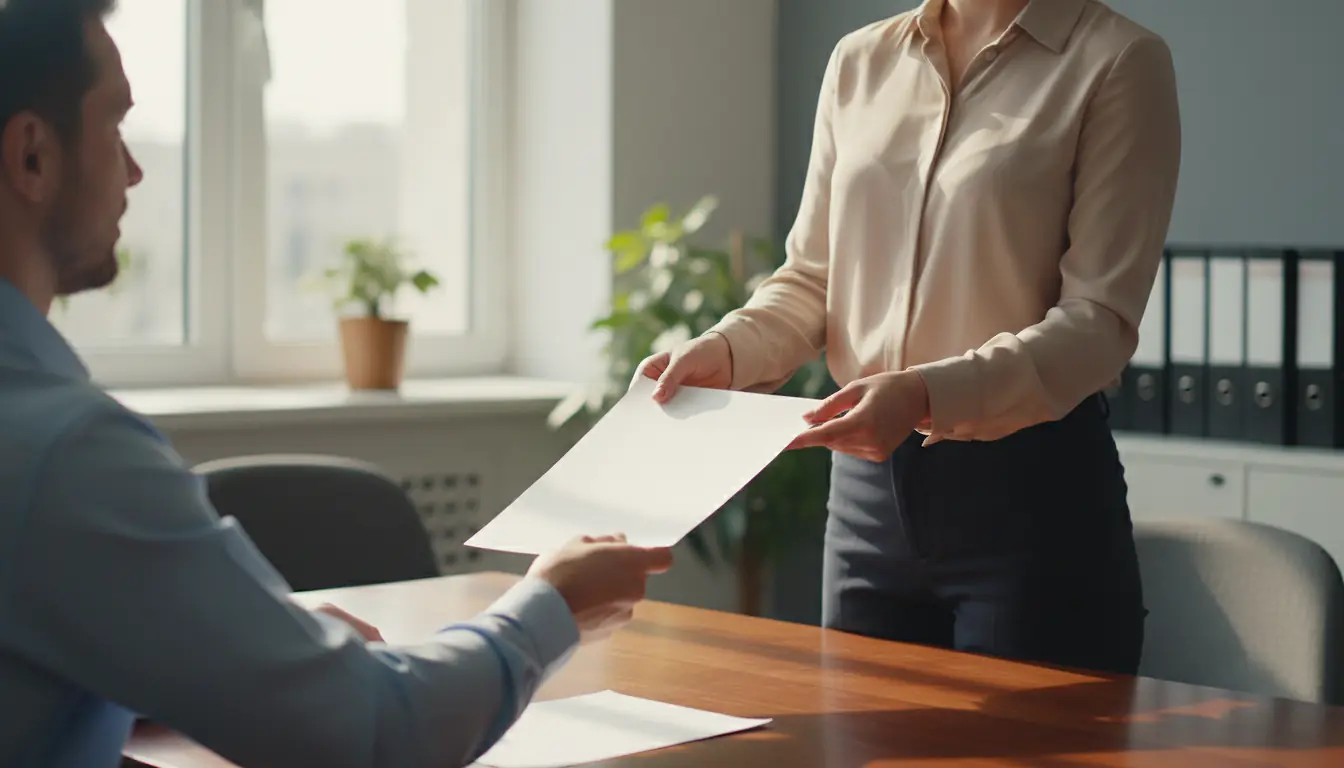 Salariee remettant une demande de conge sans solde a son employeur lors d'un entretien en bureau, dossier de droit du travail ouvert sur la table