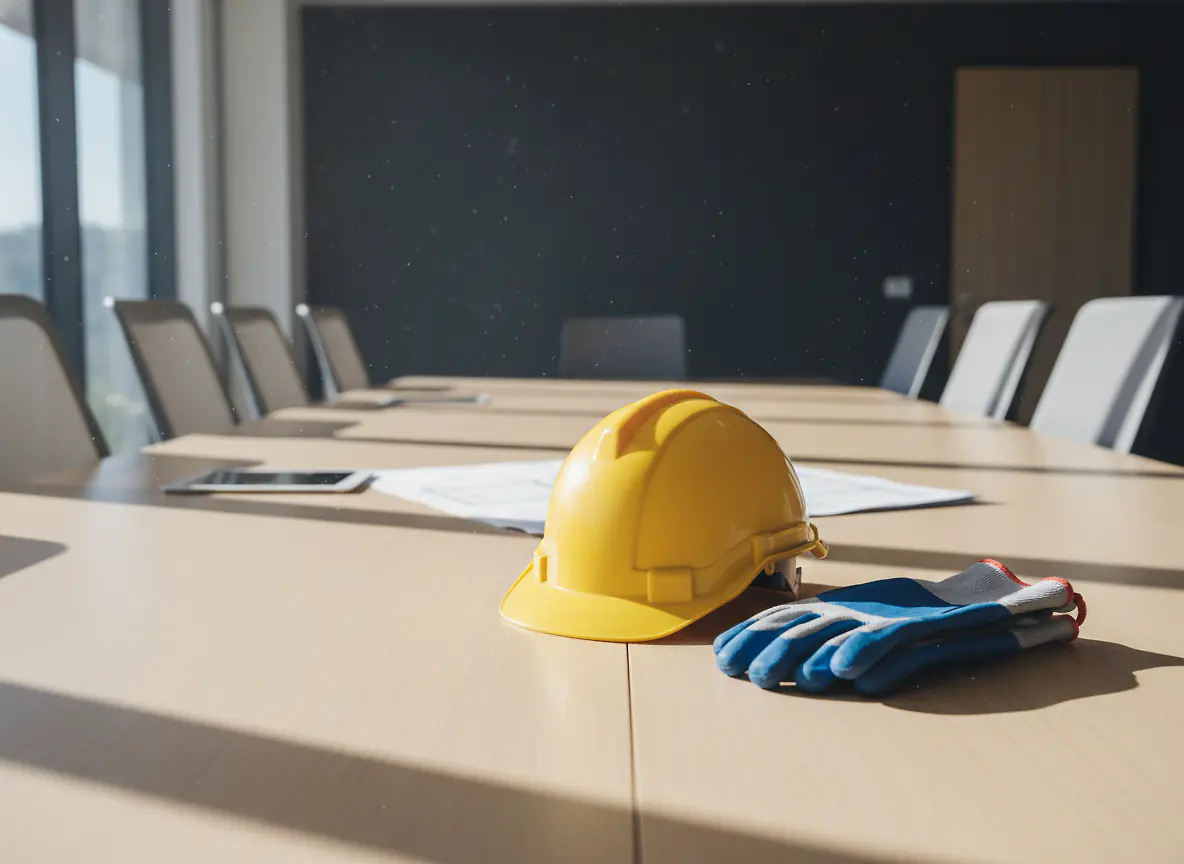 Casque de sécurité jaune et gants de protection sur une table de réunion d'entreprise