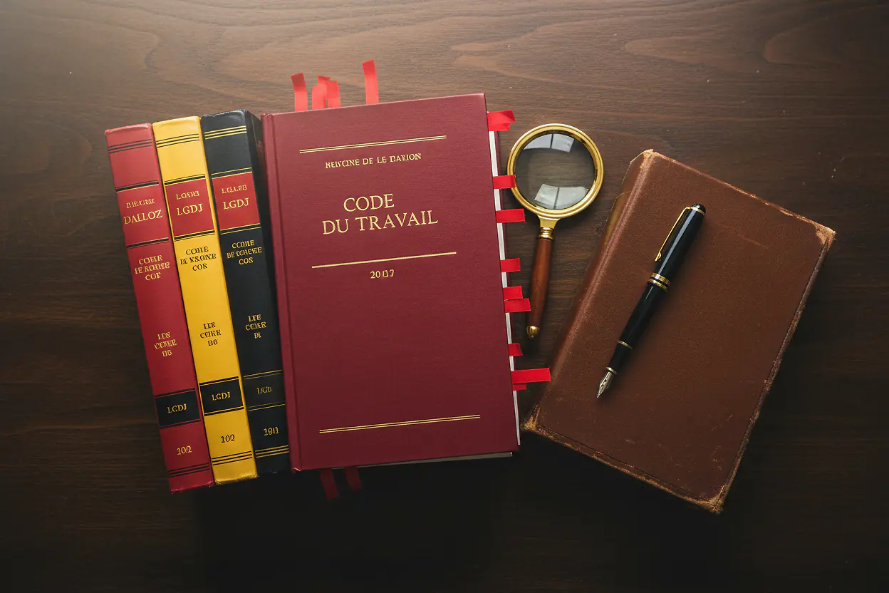 Archives juridiques avec codes de loi rouges Dalloz, registres de jurisprudence et notes manuscrites annotées, bibliothèque de cabinet d'avocats