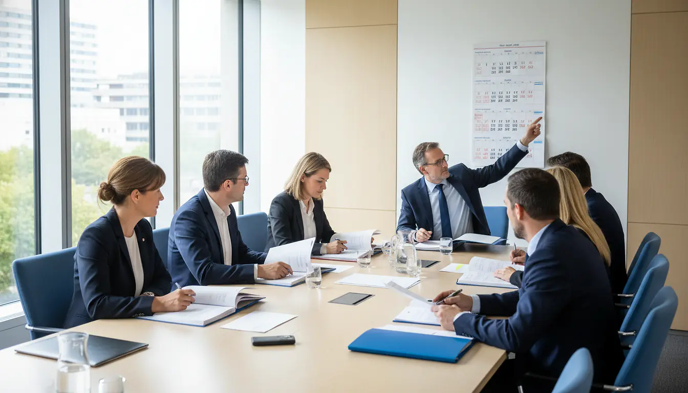 Réunion de consultation CSE, élus et direction autour d'une table de conférence avec documents juridiques