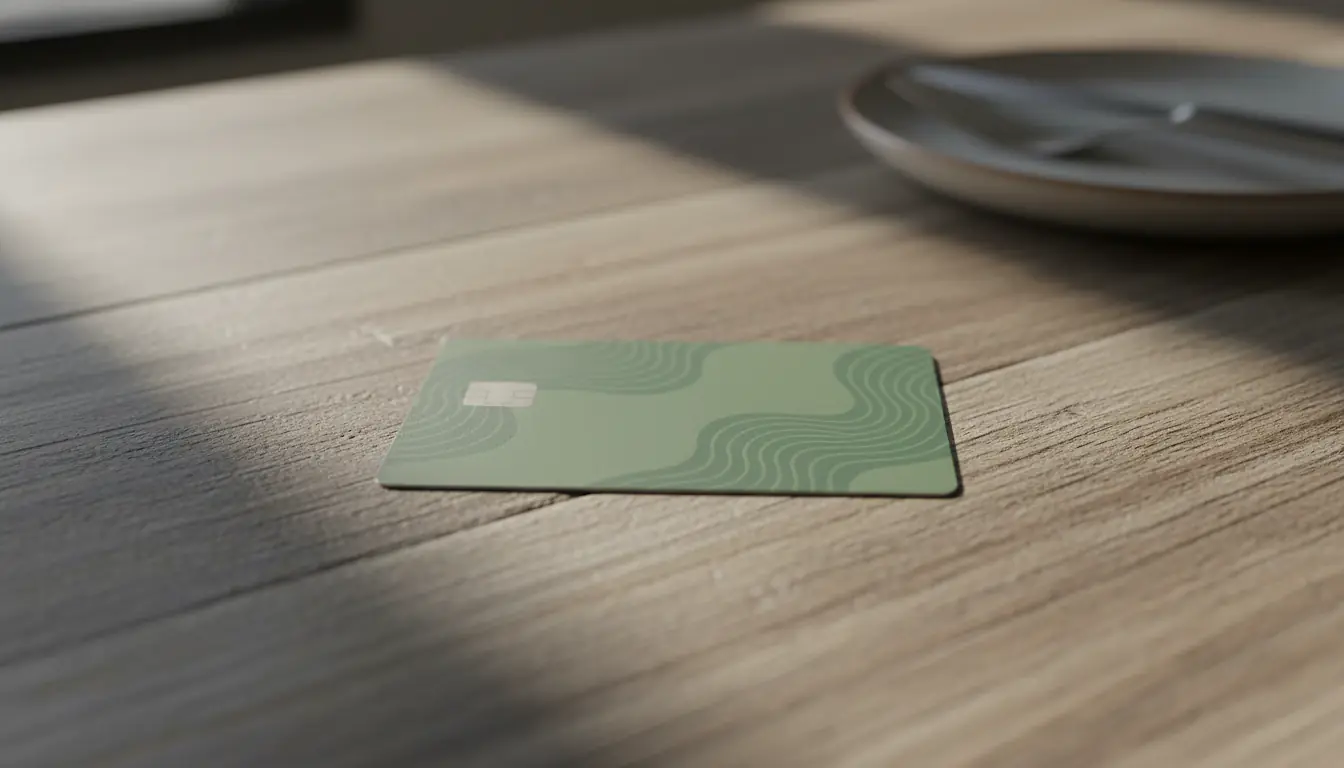 Carte titre-restaurant posée sur l'addition d'un déjeuner avec une calculatrice de paie en arrière-plan